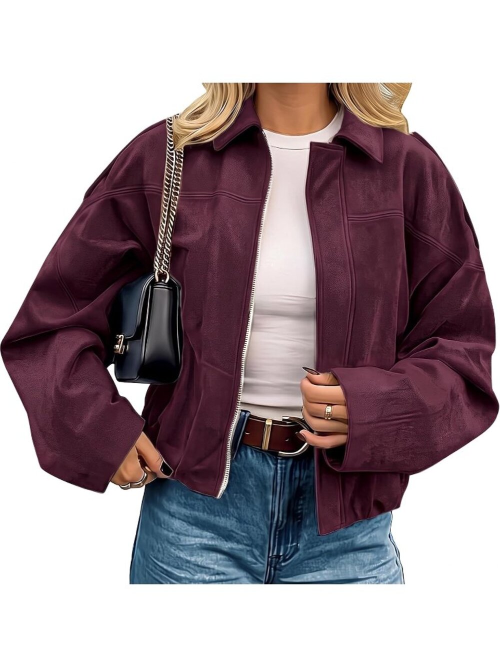 Women’s Purple Faux Suede Cropped Open Front Lapel Pocket Coat Bomber Jacket